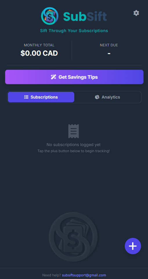 SubSift App Dashboard Main Page